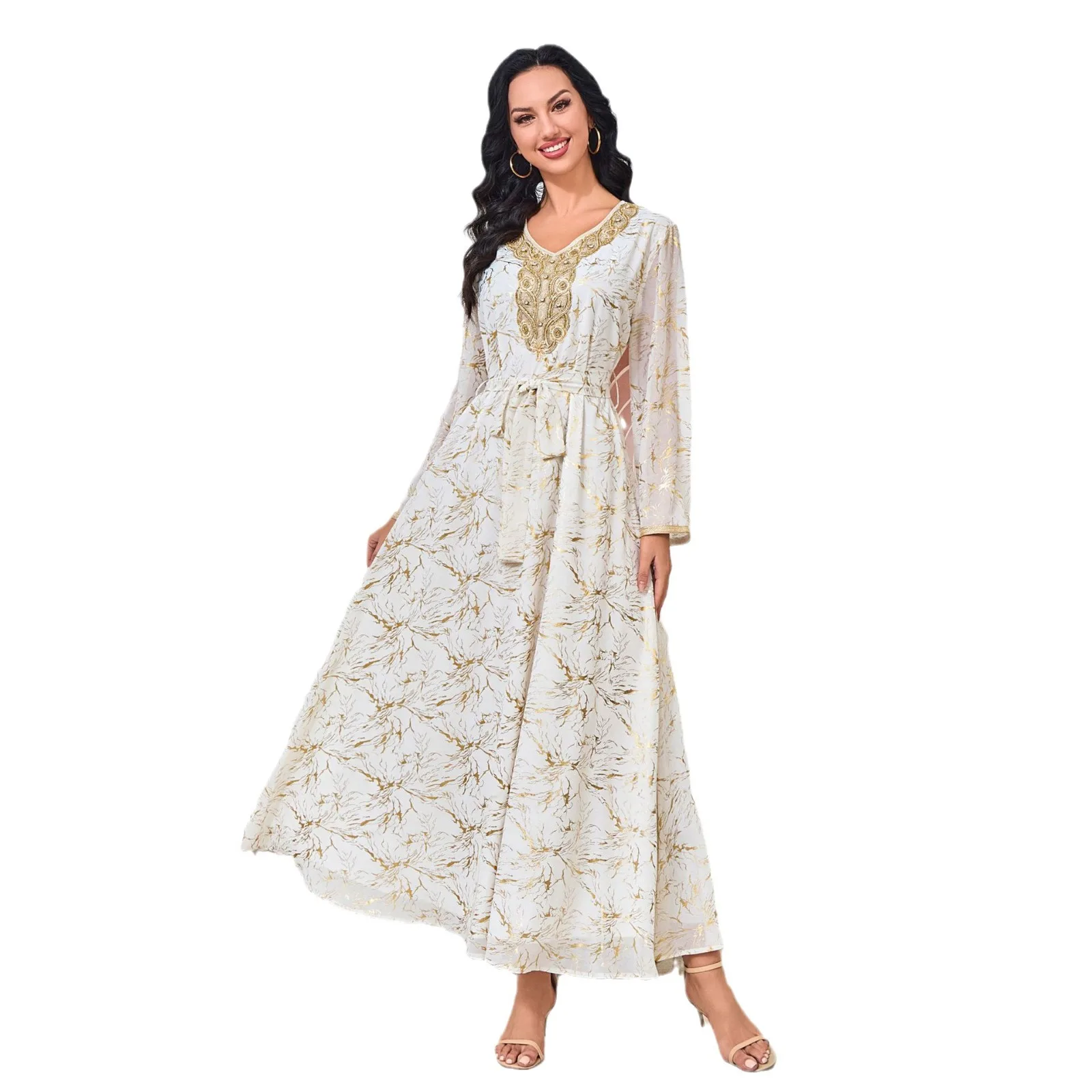 

New Arrival Summer Vintage New Muslim Chiffon Gold Foil Long Robe with Belt Dress Cross-Border Foreign Trade for Middle East