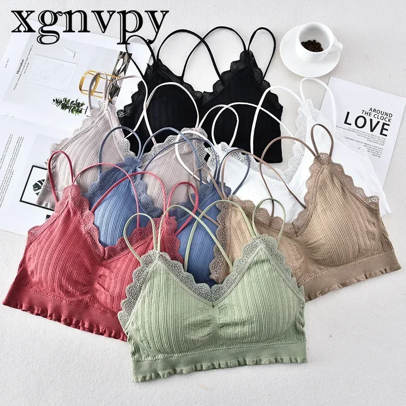 xgnvpy Girls Cross Lace Edge Halter Beautiful Back Wrap Chest Sexy V-neck No Underwire Anti-slip Boob Top Tank Girl