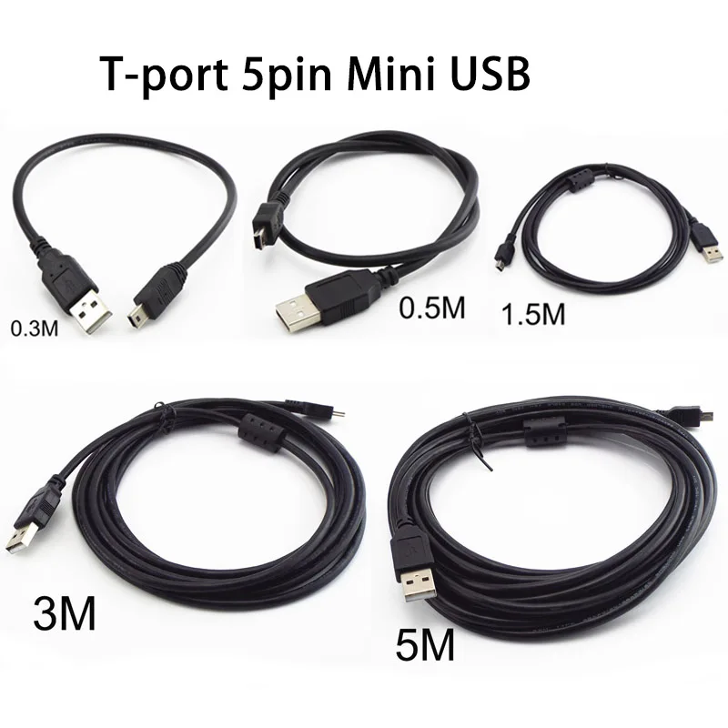 T-port 5pin Mini USB Data Charging Cable 0.3M 0.5M 1.5M 3M 5M USB 2.0 Fast Charger For MP3 MP4 Player Car DVR Digital Camera