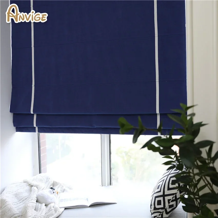 

New Arrival Navy Blue Printed Roman Shade Customized Window Curtains For Living Room Cut To Sizes