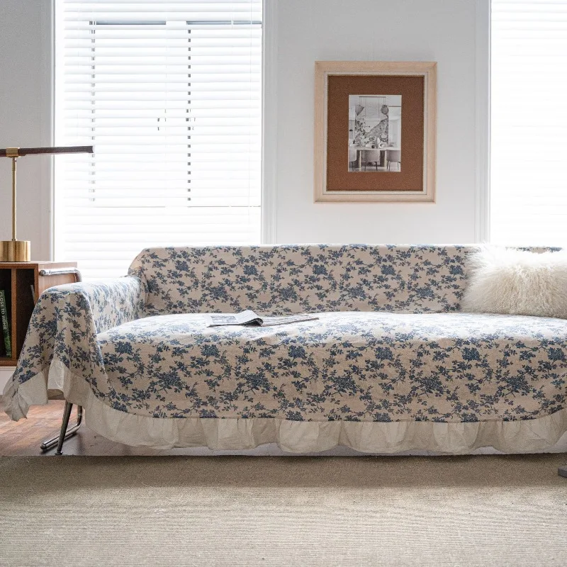 Flower Print Ruffle Edge Sofa CoverPet-Friendly Anti-Scratch Couch Slipcover Retro Pastoral Sofa Towel for Livingroom Decoration