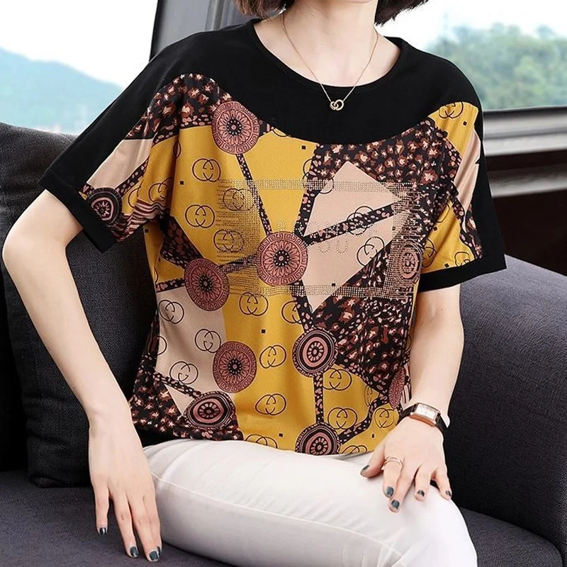 Summer New Thin Printing Loose T Shirt Tops Short Sleeve Round Neck All-match Pullovers Casual Fashion Women Clothing