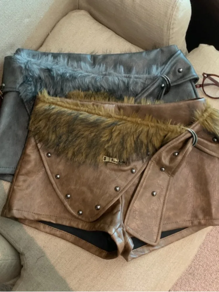 Grey Retro PU Leather Short Pants Women's High Waist Slimming A-Line Hot Pants Autumn Winter New Style Sexy Bootcut Trousers