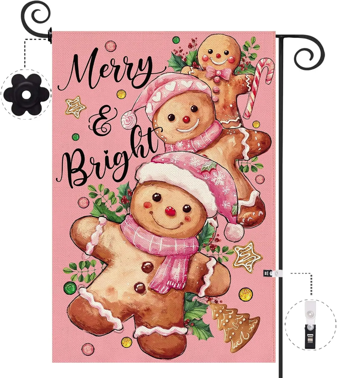 Baccessor Christmas Gingerbread Man Garden Flag 12.5x18 Inch Double Sided Candy Cane Pink Merry and Bright Holly Berries Sma UUN