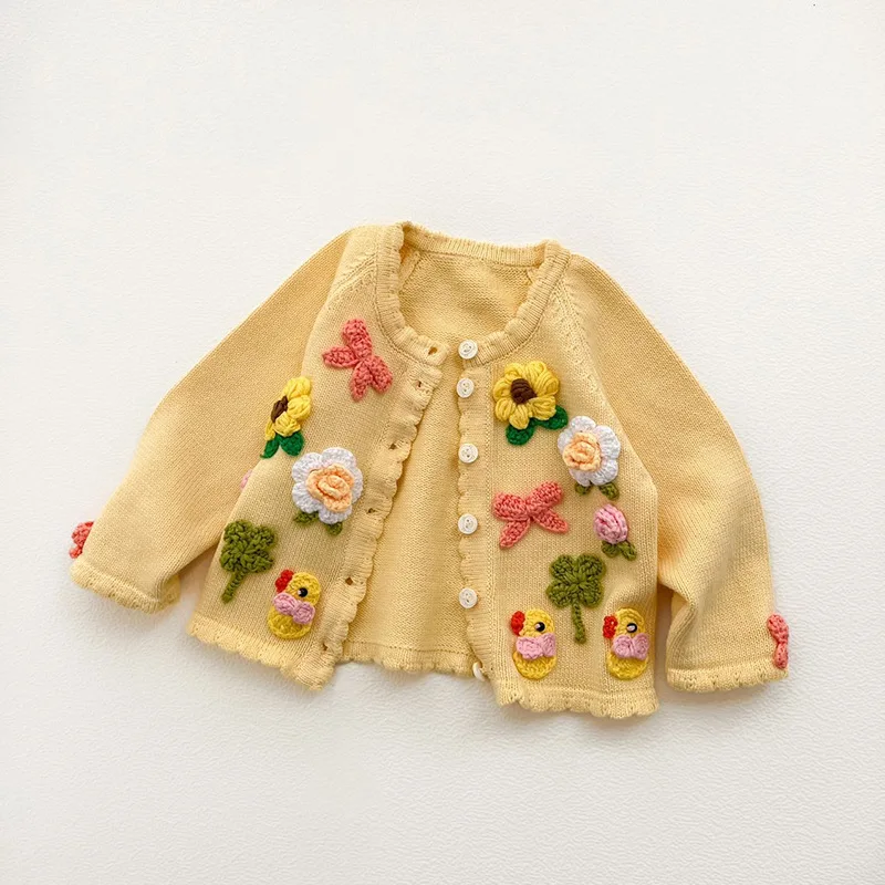 Autumn Newborn Girls Cardigan Sweater Coat Infant Girls Long Sleeve Handmade Flower Top Toddler Baby Girl Clothes Appliques Coat