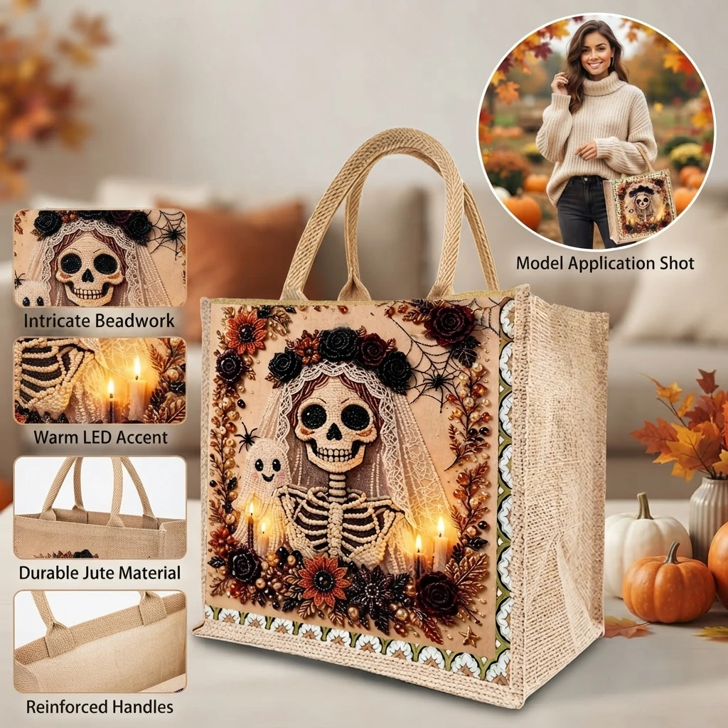 Shopping Bag DIY Diamond Painting Tote Bag Halloween Skull Pearl Rhinestone Linen Handbag Reusable Eco Grocery Bag Craft Kit