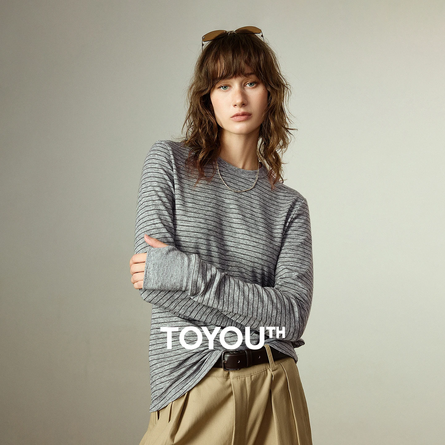 TOYOUTH Women Long-sleeve T-shirts 2025 Winter New Striped Crew Neck Cashmere-like Retro Versatile Undershirt Tops
