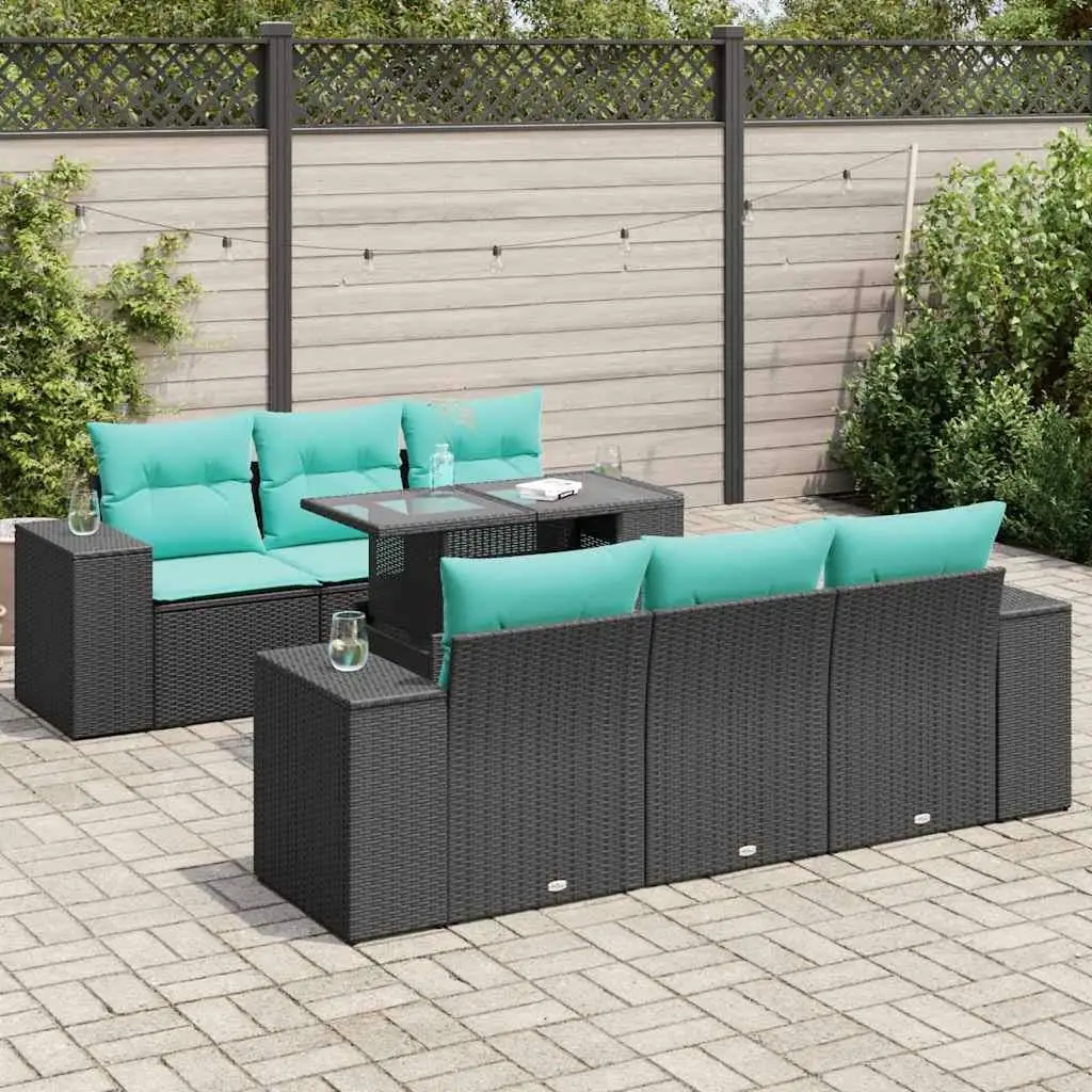 

Luxury 7 Piece Patio Sofa Set with Cushions Black Rattan and Acacia Wood Outdoor Furniture