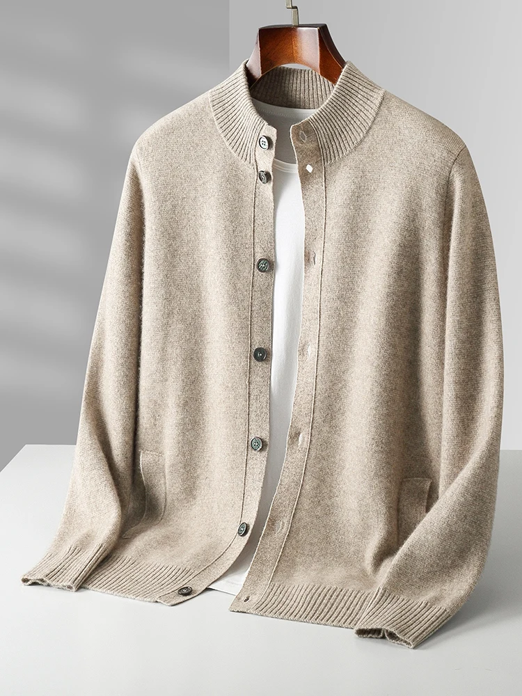 Men's Thick Sweater 100% Merino Wool Knitwear Cardigan Cashmere Buttons Coat Autumn Winter Mock Neck Pockets Casual Clothing Top