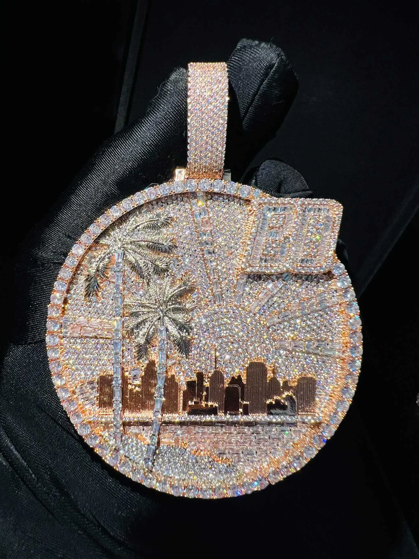 Custom Palm Tree Slice Baguette Pendant in Rapper Style with Chilled Letter Pendant Jewelry, Halloween and Thanksgiving Gift
