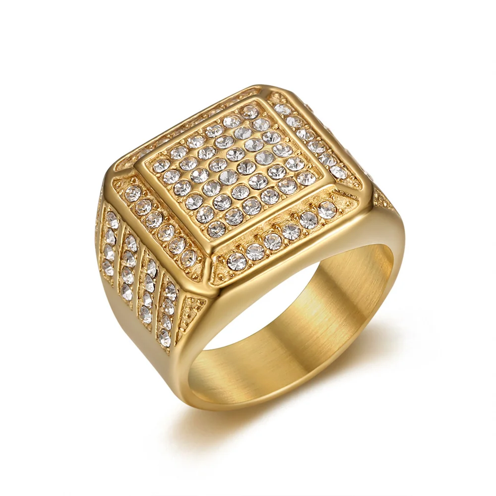 Hip Hop Iced Out Bling Big Square Ring Wholesale Male Gold Color Stinless Steel CZ Rings For Men Fashion Party Jewelry Gift