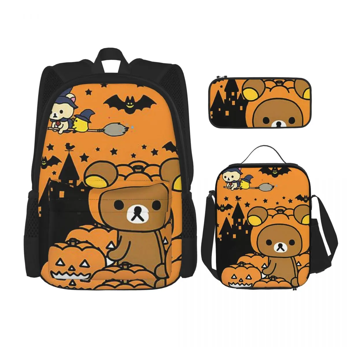 

Halloween Rilakkuma Backpacks Boys Girls Bookbag Students School Bags Kids Rucksack Lunch Bag Pen Bag Three-Piece Set