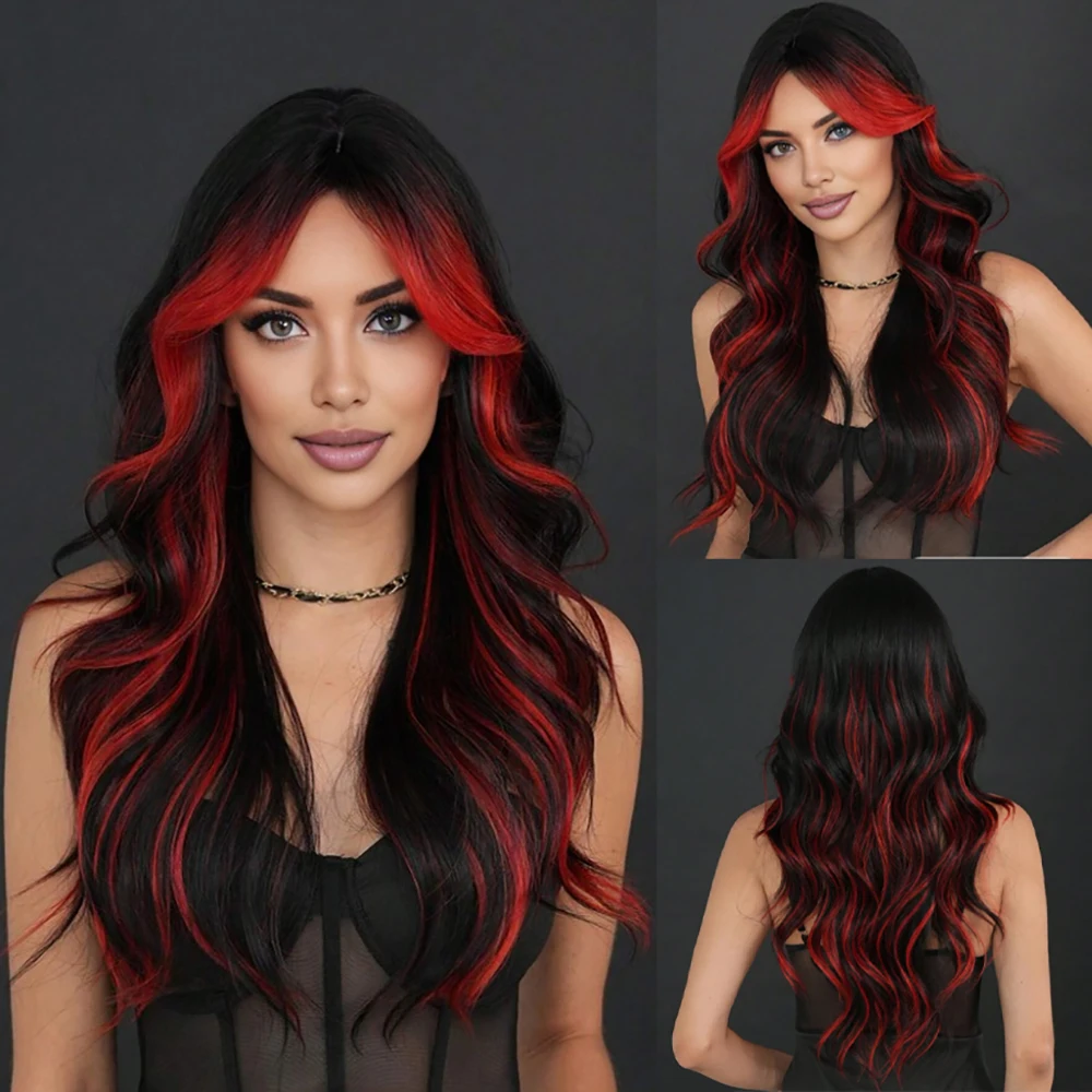 باروكة صناعية مموجة متدرجة باللون الأسود والأحمر، باروكة عالية الجودة مقاس 24 بوصة، مناسبة للحياة اليومية النسائية والحفلات التنكرية وما إلى ذلك
