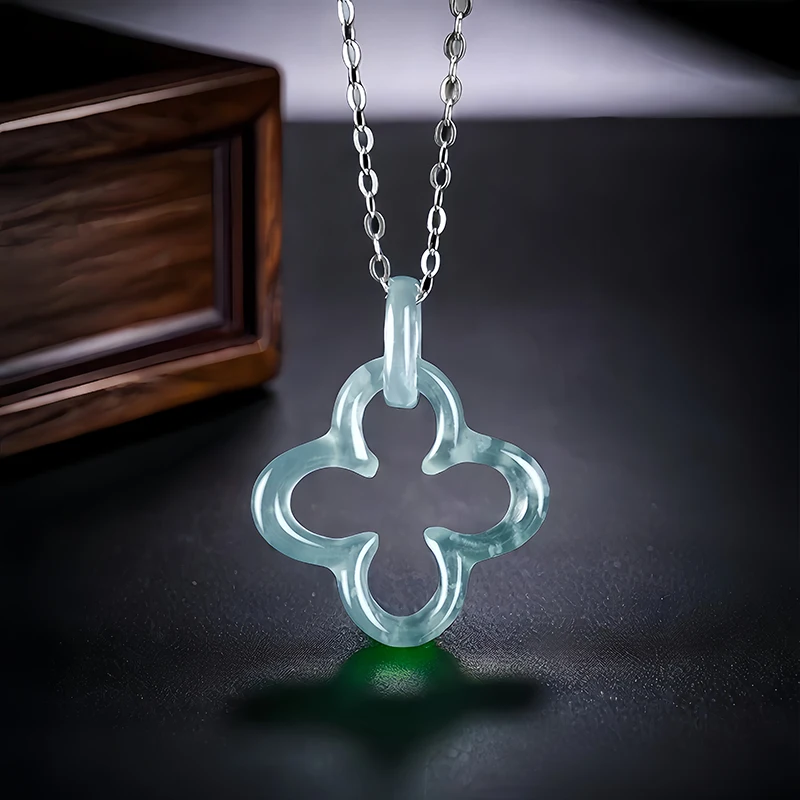 

Blue Myanmar Jadeite Four Leaf Clover Pendant Necklace Luxury Charm Natural Burmese Jade Fashion Men Carved Real Jewelry