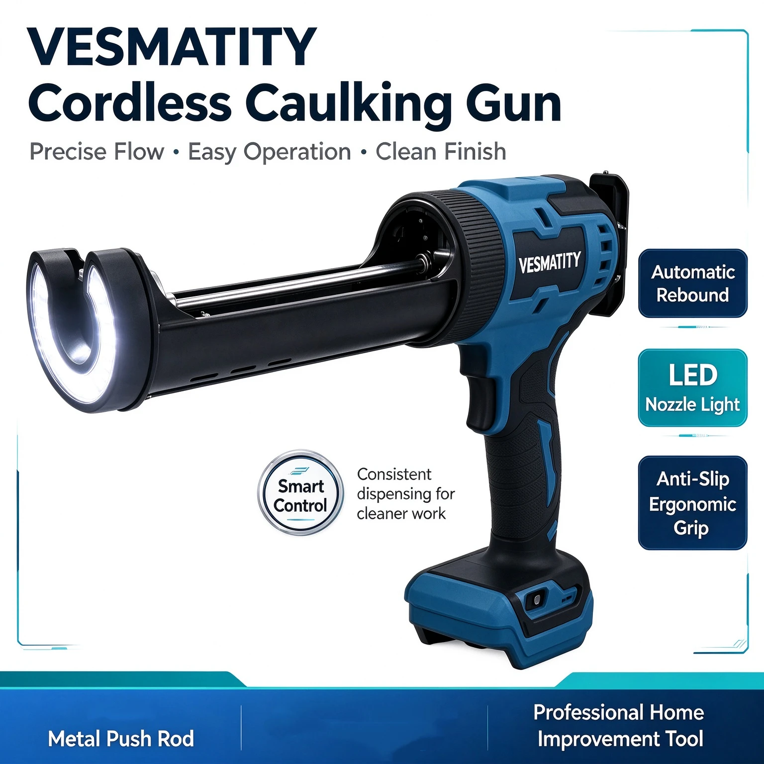Multifunctional Cordless Electric Caulking Gun Adjustable Speed LED Light Automatic Rebound Silicone Sealant Tool for Home DIY