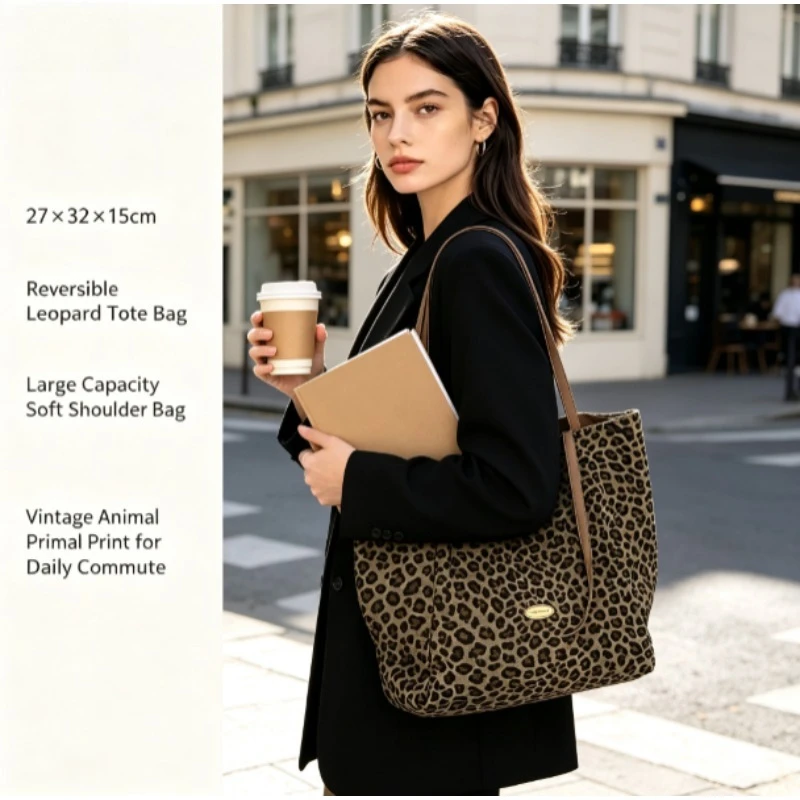 Leopardenmuster Doppelseitige Canvas-Schultertasche Große Kapazität Tragbare Tragetasche College-Stil Freizeit Mode-Accessoire – Detail 5