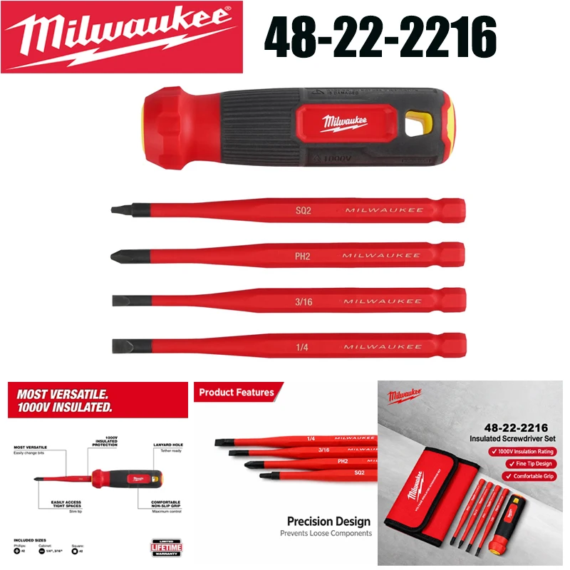 Milwaukee 48-22-2216 1000V VDE Insulated Screwdriver Kit Interchangeable Bits PH2 SQ2 Slotted 3/16" & 1/4" Non-Slip Handle