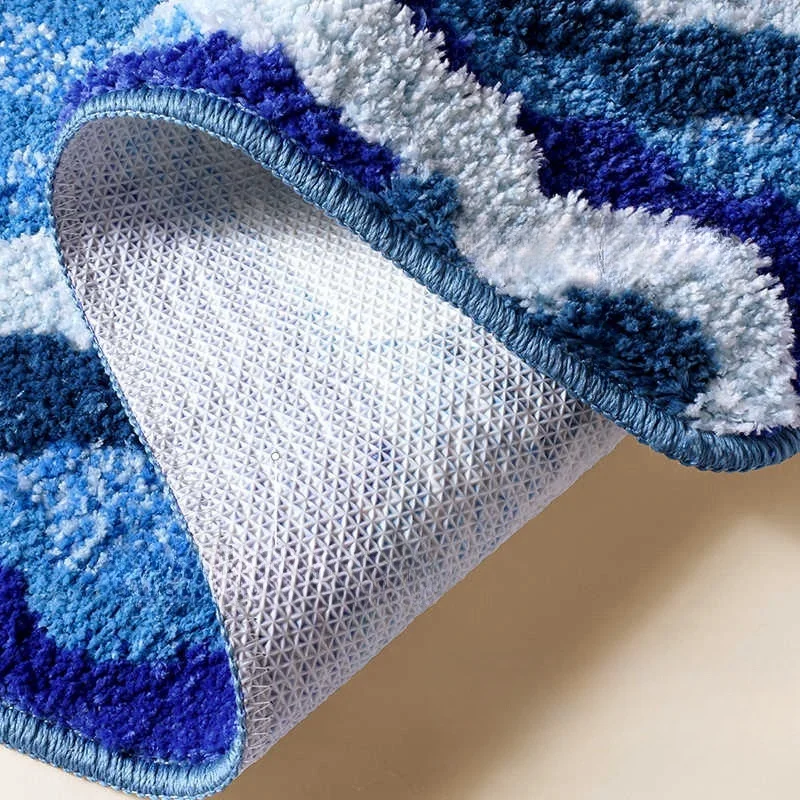 Aesthetic Wave Tufted Carpet Bathroom Antislip Rug Ocean Sea Tufting Plush Carpet House Livingroom Decoration Bedside Area Rug