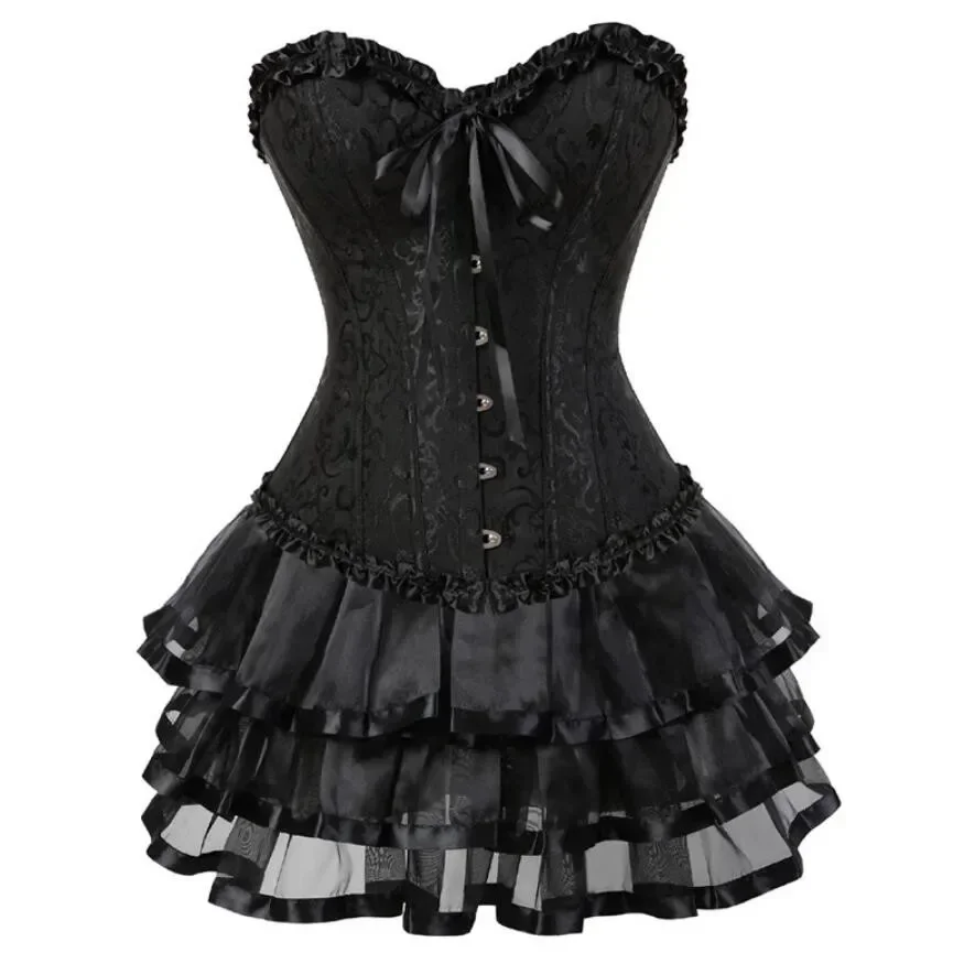 Corset Dress Bustier Skirts Top Set Plus Size Women Gothic Victorian Lolita Costume Corsets Overbust Vintage Lingerie Lace Sexy