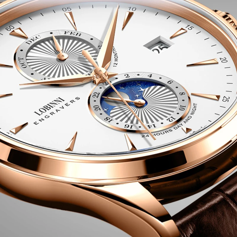 LOBINNI Rose Golden Elegant Moon Phase Design Calendar Display Brown Leather Mens Watch Brand Luxury Automatic Mechanical Watch