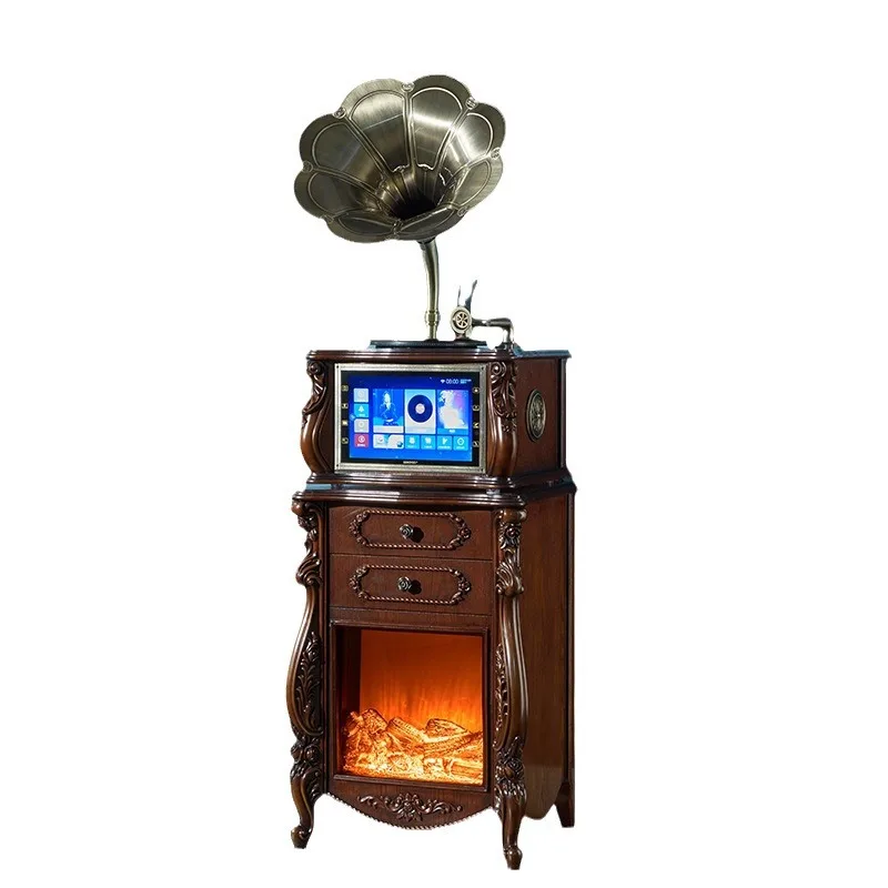 

Display phonograph with fireplace European retro, vinyl record player KTV song ordering dual microphone