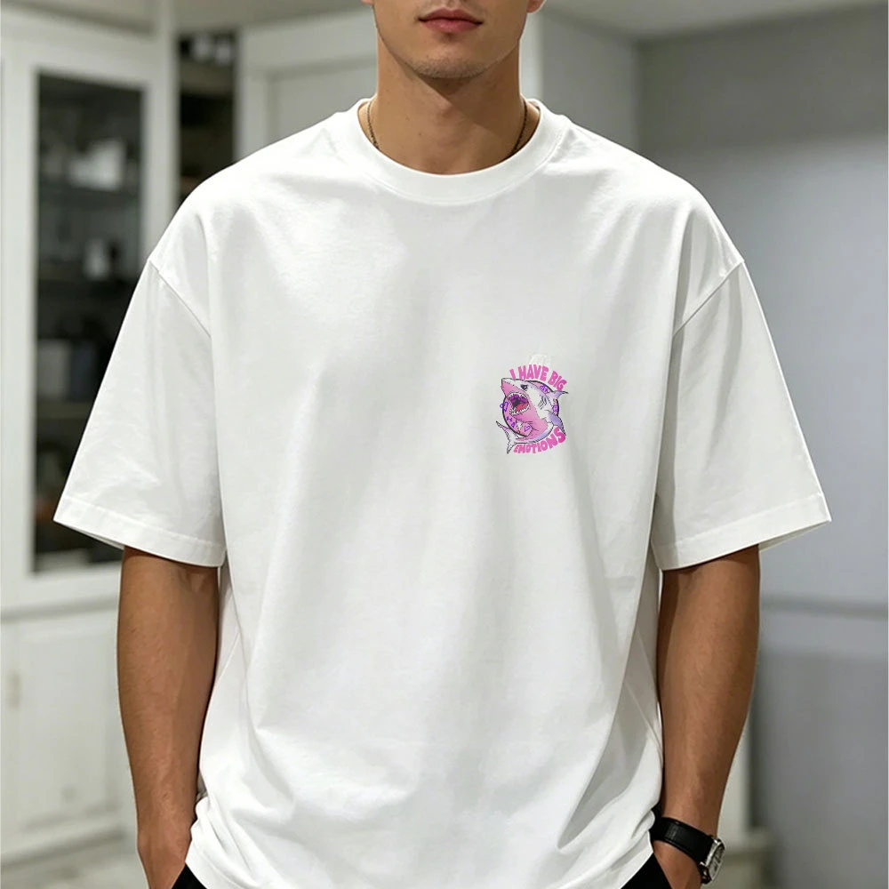 I Have Big Emotions Pink Shark Graphic T Shirt Men Front Back Double Print Funny Sarcastic Y2K Soft Cotton Streetwear