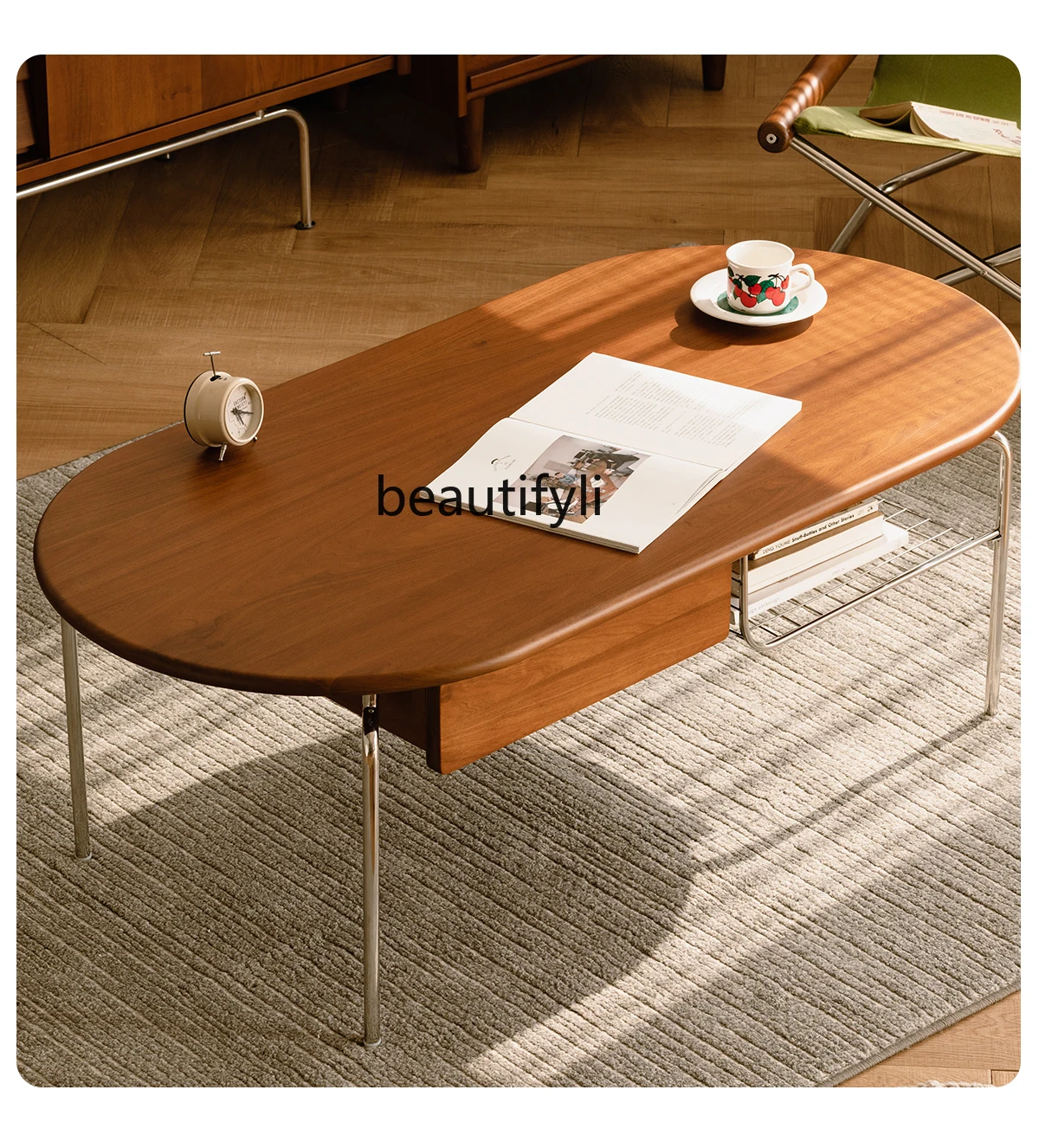 

Small apartment living room solid wood minimalist Nordic stainless steel retro Japanese long oval tea table