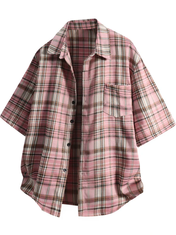

American Retro Plaid irt Men's Summer Haome ort Sve Casual Loose Polyester Fiber Breathable Youth ular irt