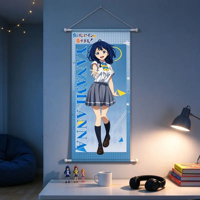 VIKAMA Anime Girl Wall Hanging for Bedroom, Vertical Scroll Art Blue Hair Character String Lights, Aesthetic Dorm Room Decor