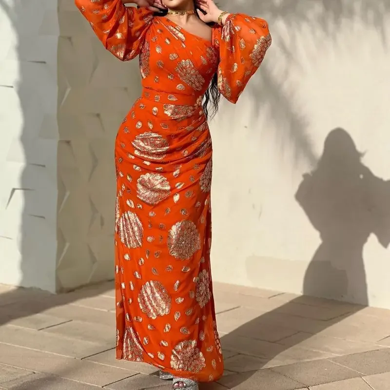 Women Sequins Sexy Dress Chiffon Long Sleeve Dance Orange Party Lady Slim Empire Elegant Spring Summer Maxi Dresses