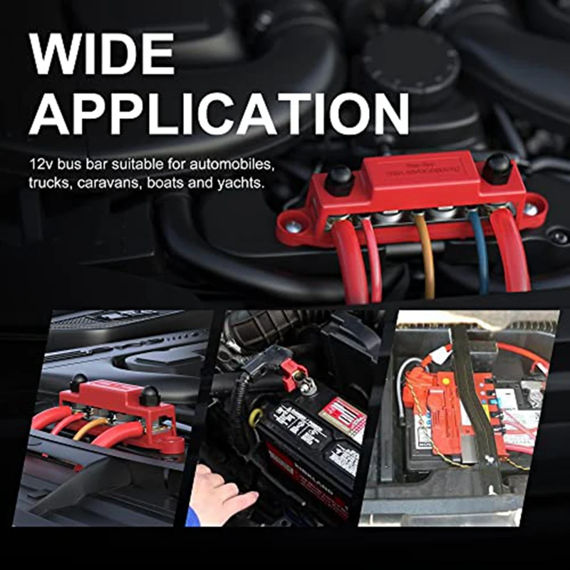 2 Piece 250A 12V Bus Bar Battery Power Distribution Block Black & Red Plastic+Metal Car Audio 12 Volt DC Busbar