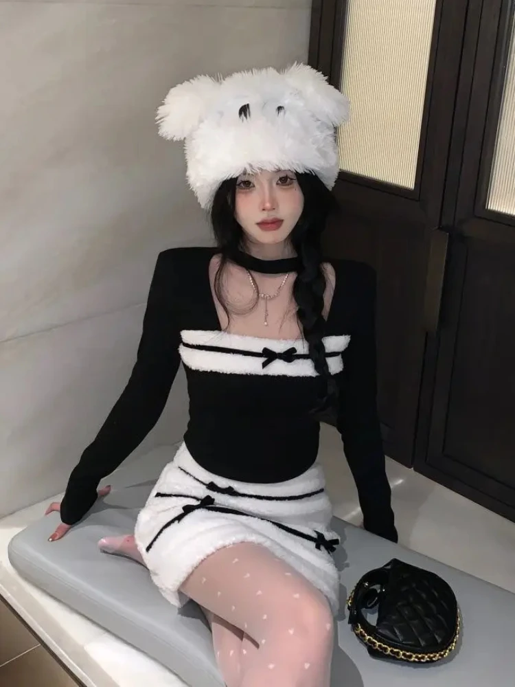 Winter Vintage Fluffy New 2 Piece Set Women Black Bow Pullover + Sweet Mini Skirt Sets Korean Fashion Design Y2k Skirt Suit 2024