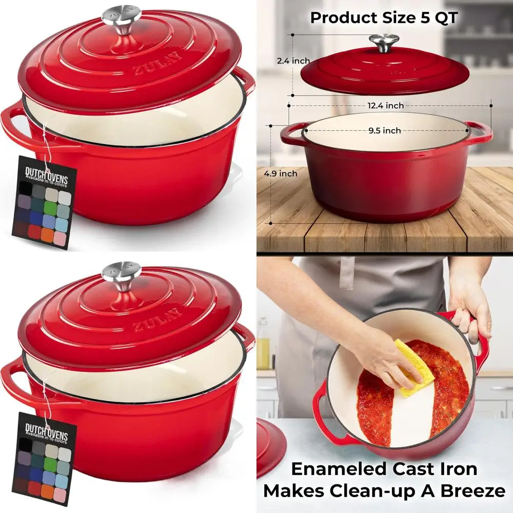 

Enameled Cast Iron Dutch Oven, 5 Quart, Oven Safe to 500°F, Ideal for Baking, Stews, Braising, Roasting, Red