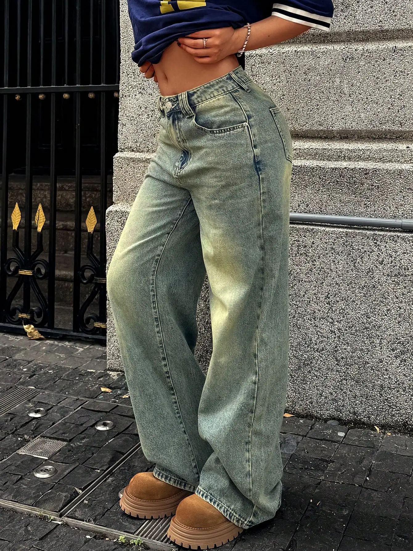 WGXWGX Women's High-Waisted Wide-Leg Denim Pants Vintage Wash Baggy Jeans Y2K Trendy Loose Fit Trousers for Fashion-Seeking Lad