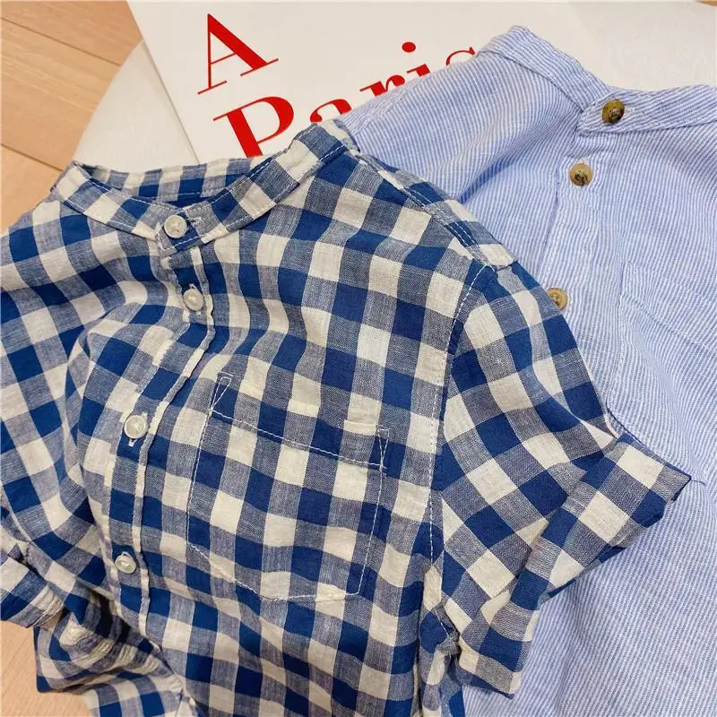 Children\'s Cotton Short-Sleeved Shirt Summer New Boys And Girls Striped Plaid Shirts With Pocket Baby Casual Loose Tops WT820