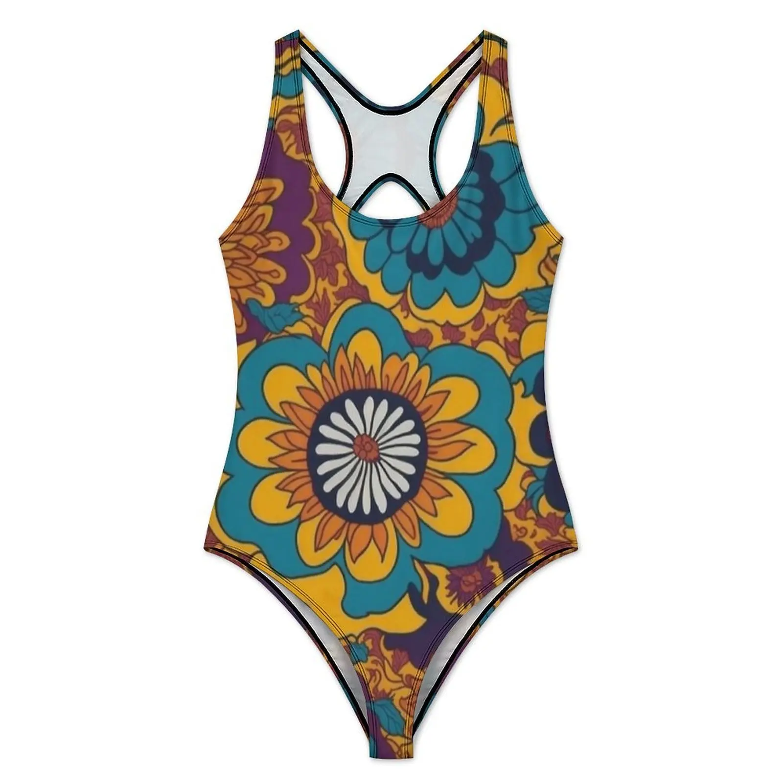 Flower Power Flower Retro Print Swimsuit Sexy  Female Swimwear One Piece Fashion Bodysuit Beach Push Up Cut Out Beach Wear