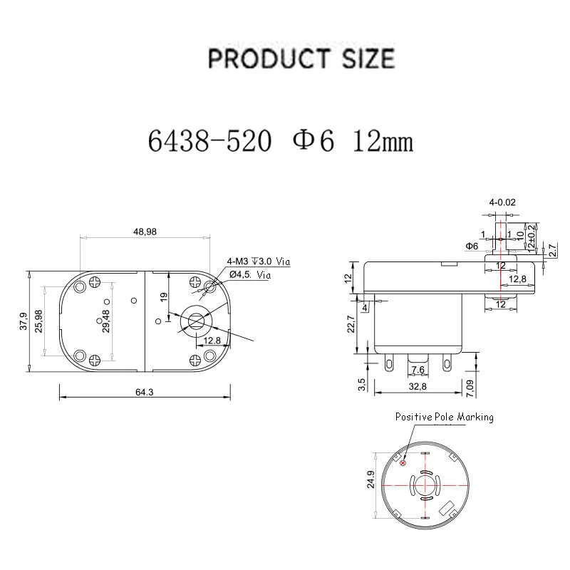 6438-520 12V 24V Micro DC Geared Motor 68/144 RPM Power 7W 4KG.CM Valve Reduction Parking Lock Low speed Small Motor