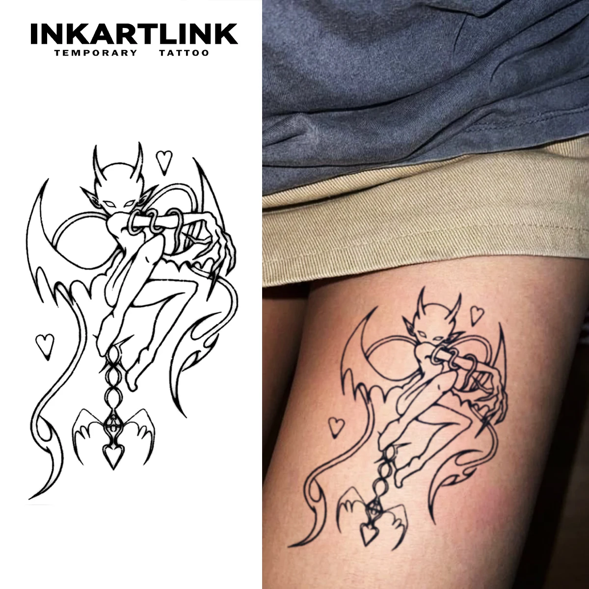 INKATLIN Gothic Evil Devil Love Chain Einfache Linien Tattoo Aufkleber Wasserdicht Temporäre Tattoo Farbe Halten 1-2 Wochen