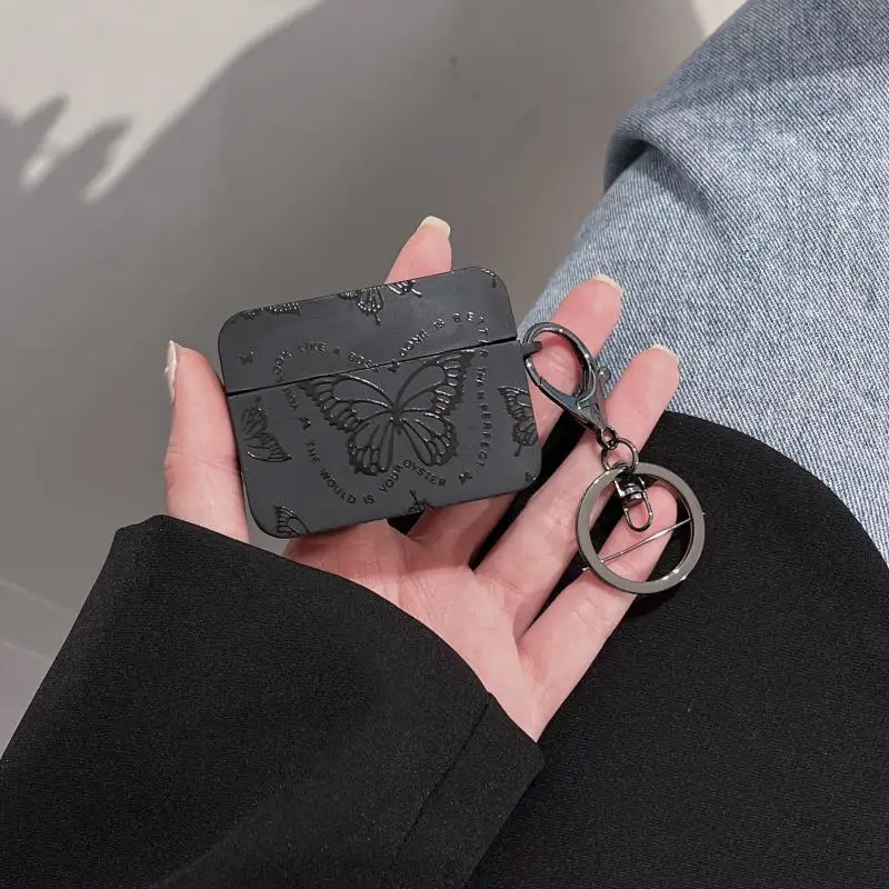 For Airpods Pro 2 3 1 4 Cases Luxury Butterfly PU Leather Black Matte Earphone Case With Keychain Shell Soft Protective Cover