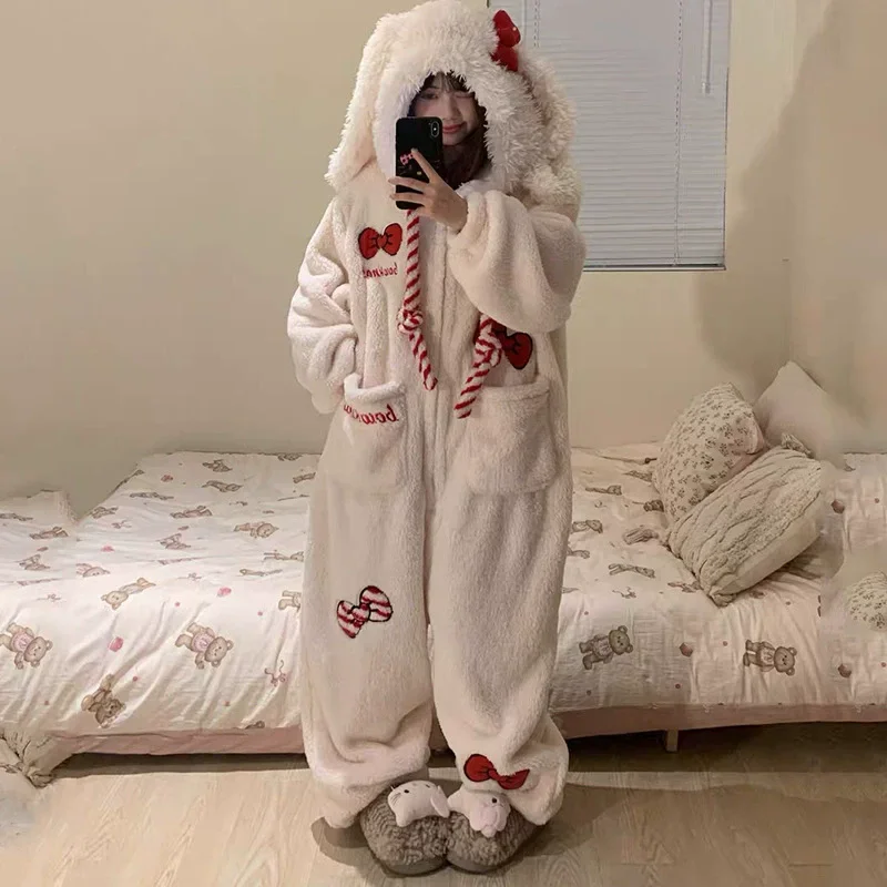 

White Rabbit Bow Jumpsuit Women's 2025 Winter New Style with Thick Coral Fleece, Sweet and Cute Home Clothes