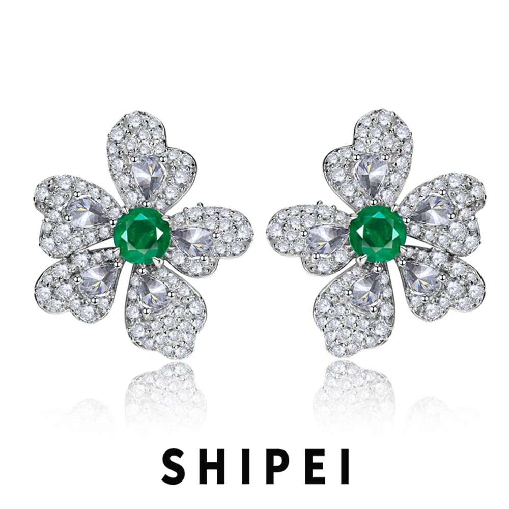 

SHIPEI Vintage 925 Sterling Silver Emerald White Sapphire Gemstone Flower Ear Studs Earrings For Women Fine Jewelry Wholesale