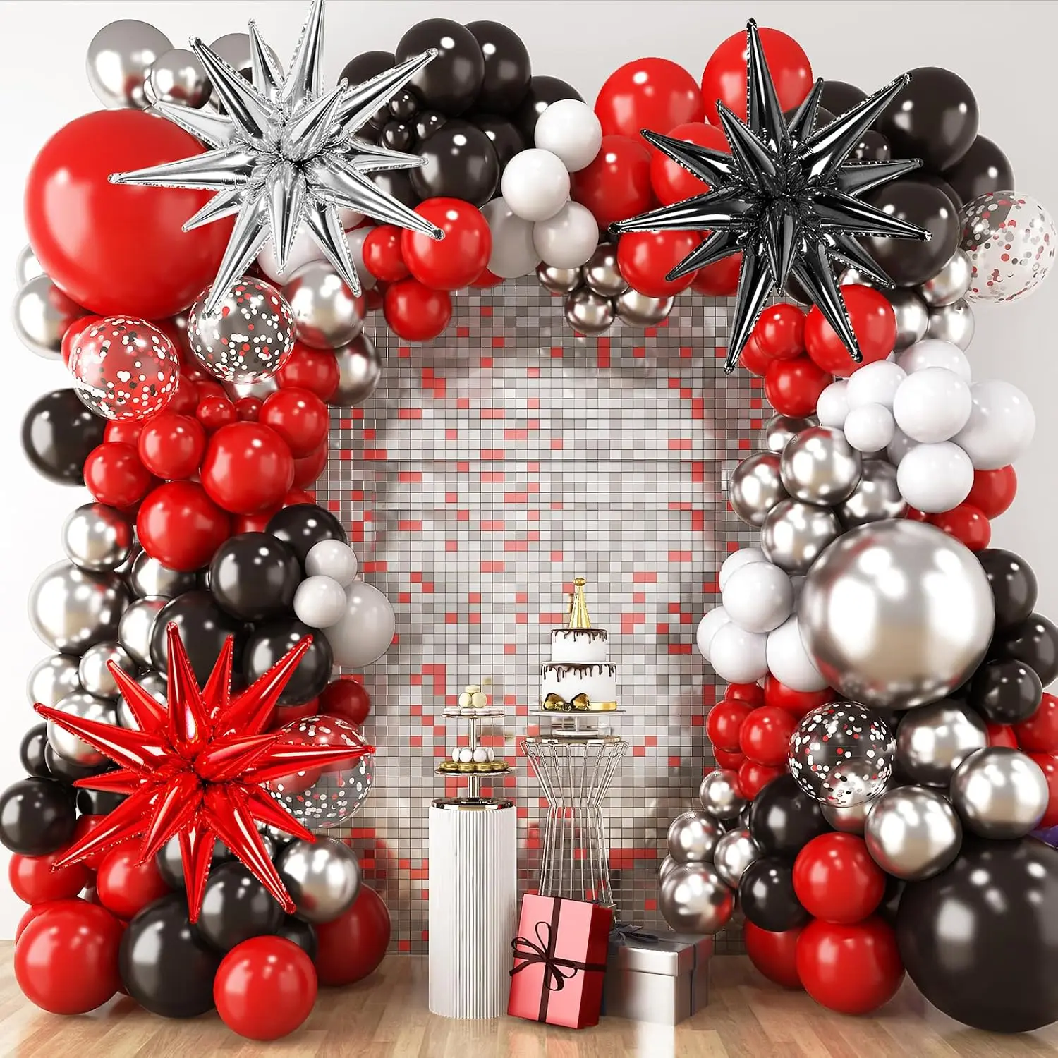 104Pcs Red and Black Balloon Arch Kit Metallic Silver Confetti Latex Balloons with Star for Birthday Wedding Party Decorations