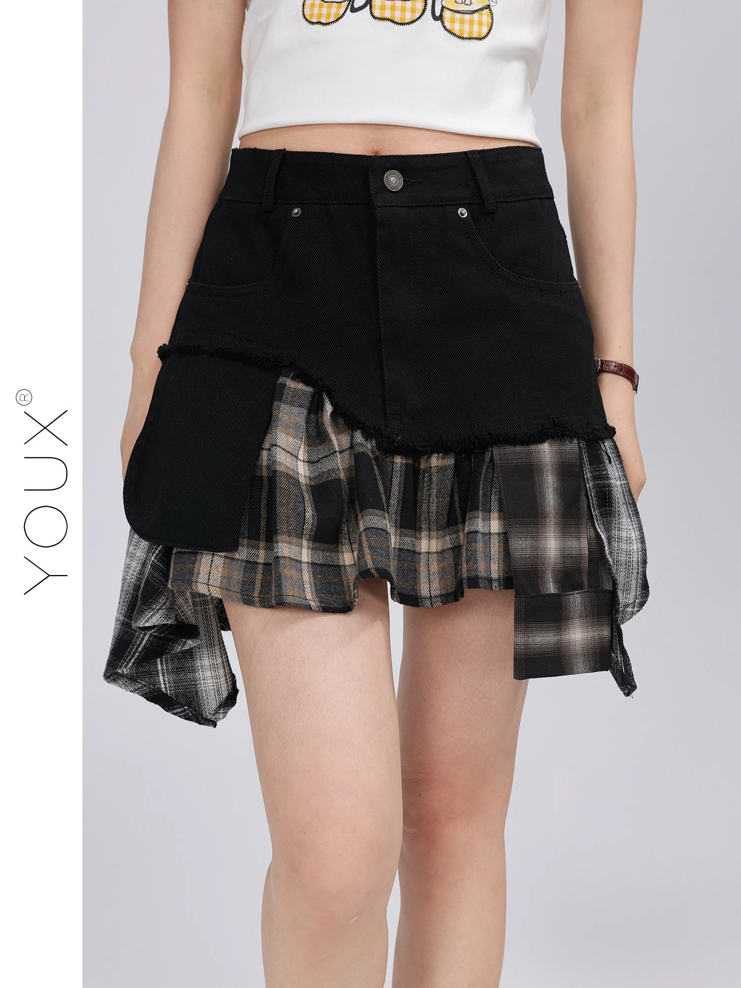 

Джинсовая юбка с высокой талией, женская юбка А-силуэта, ретро-дизайн с элементами пэчворка, новинка лета от Youxiang Wildern Dr Series