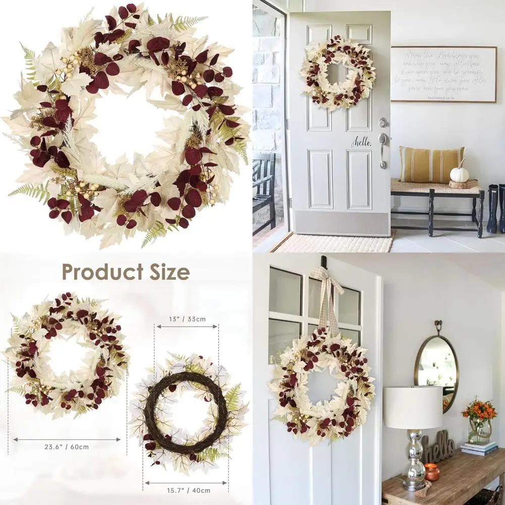 

24-26 венок из искусственного клена и эвкалипта с пампасной травой и ягодами для осеннего домашнего декора