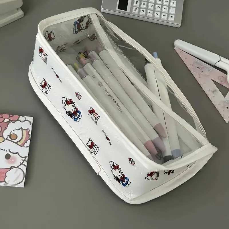 Anime Hello Kitty Translucent Pencil Case Cute Hello Kitty Storage Bag Oxford Cloth Large Capacity Stationery Pouch Gifts