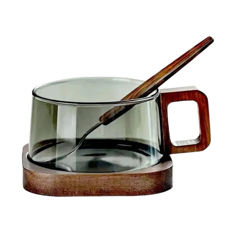 

M12K-Wooden Tray Included 200Ml Coffee Mug American Latte Glass Spoon Heat-Resistant Milk Tea Cup Fresh Ground Coffee Cup