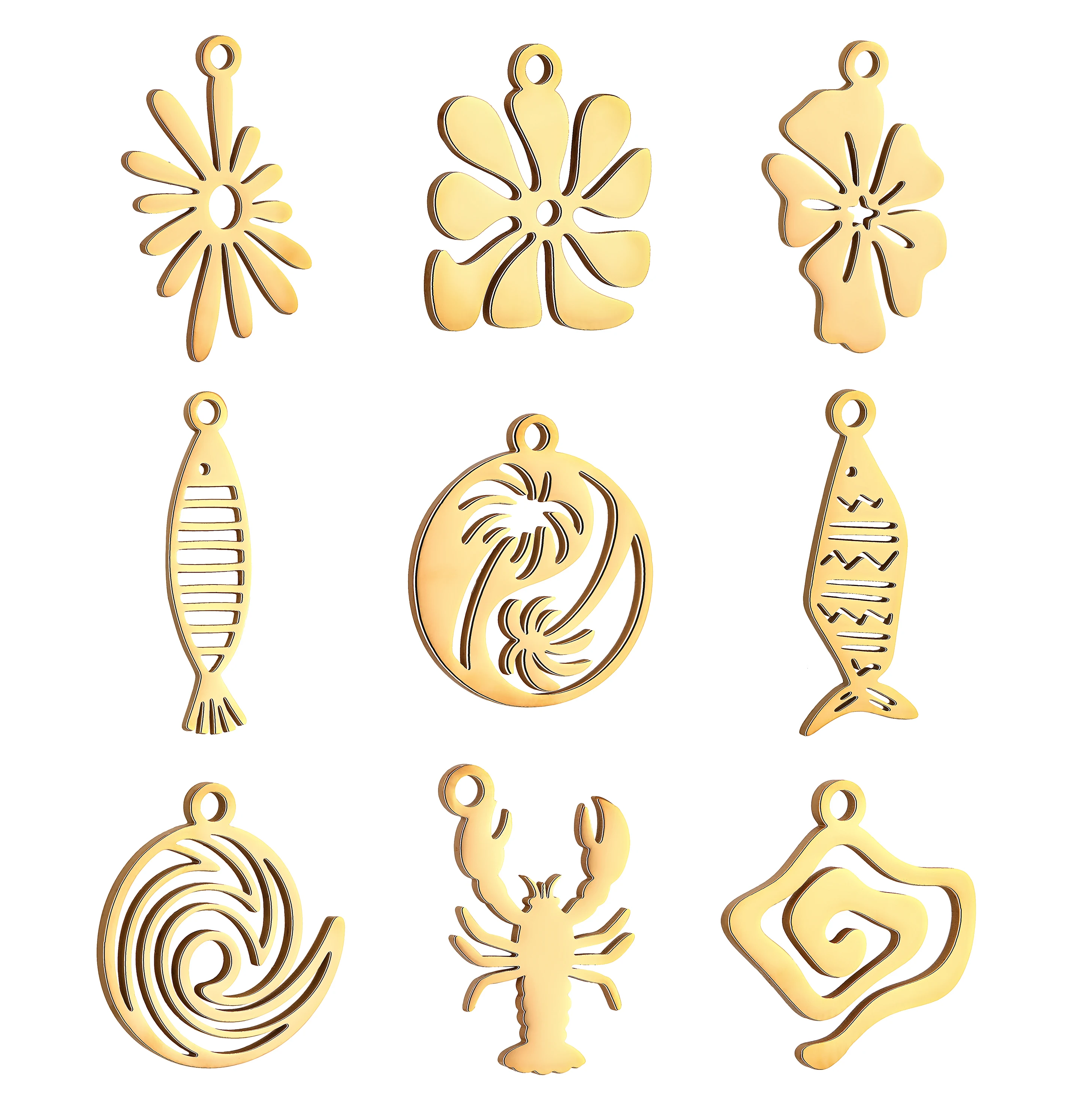 5PCS Real Gold Plated Cute Fish Coconut Tree Flower Sun Sea Wave Charms For Jewelry Making Supplie Stainless Steel charm Pendant