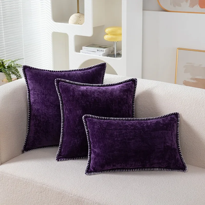 Decorative Spring Pillow Covers Chenille Velvet Farmhouse Style 45x45CM Purple Stitched Edge Sofa Bed Throw Cushion