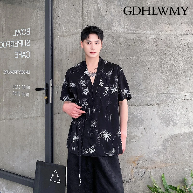 

GDHLWMY Summer Chinese Zen style Ink Bamboo Strap Design Men's and Women's Short sleeved Shirts Hanfu