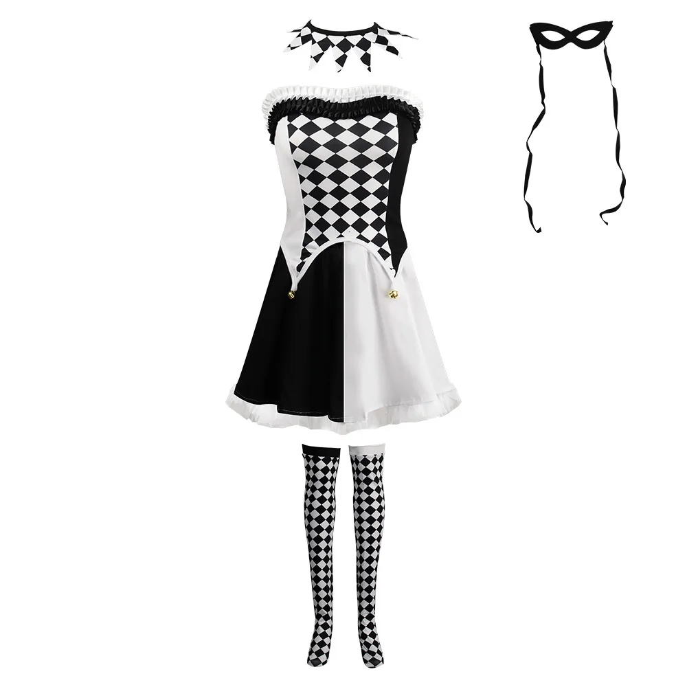 Black White Checkered  Clown Cosplay Costume Halloween Devil Costume Transformation Queen Clown Costume Ladies Fashion